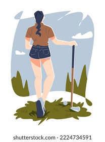 back view illustration of young girl holding a golf club on a golf course. isolated blue background, trees, clouds. sports, lifestyle, hobbies, etc. flat design