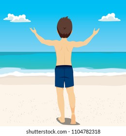 Back view illustration of young man with open arms enjoying summer vacation at beach