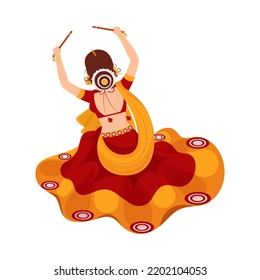 Back View Of Indian Young Woman Doing Dandiya Dance In Traditional Attire On White Background.