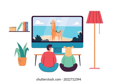 Back view of kids watching cartoon flat vector illustration. Children sitting on floor at home. Boy and girl looking at television screen. Movie, show and video concept