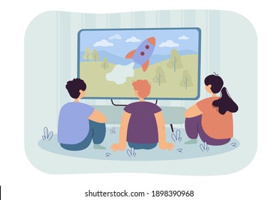 Back View Of Kids Watching TV Show Isolated Flat Vector Illustration. Cartoon Children Sitting In Front Of Television Screen. Entertainment And Childhood Concept