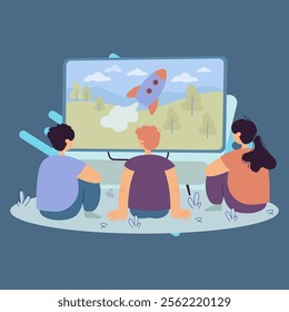 Back view of kids watching TV show isolated flat vector illustration. Cartoon children sitting in front of television screen. Entertainment and childhood concept