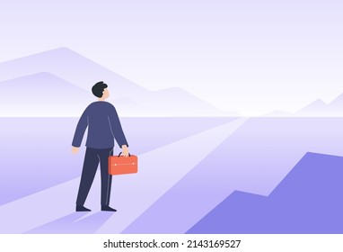 Back view of landscape with businessman and long way ahead. Business person and new career opportunities, straight road, bright future flat vector illustration. Motivation, challenge, goal concept