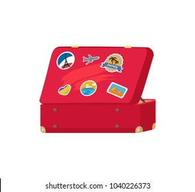 Back view of leather vintage suitcase with decorative memory cards with flag of France, Egypt tropical countries, flying plane vector travelling concept