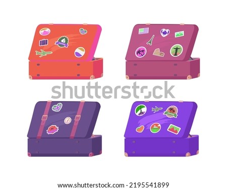 Back view of leather vintage suitcase with decorative memory cards with flag of France, Egypt tropical countries, flying plane vector travelling concept