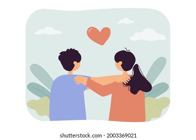 Back view of little boy and girl hugging. Cartoon heart above cute children flat vector illustration. Love, first feelings, dating, relationship concept for banner, website design or landing web page