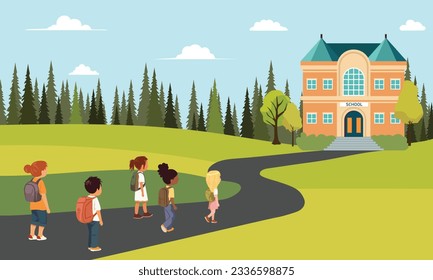 Back view of little boy and girl students with backpacks walking going to school. Vector illustration.