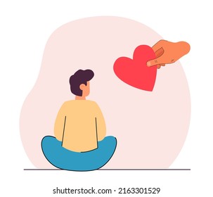 Back view of little boy sitting and hand holding heart. Person adopting child flat vector illustration. Charity, love, care, family, adoption concept for banner, website design or landing web page