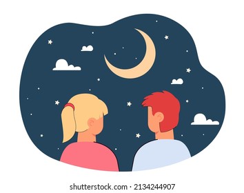 Back View Of Little Girl And Boy Looking At Moon. Cartoon Kids Watching Stars In Night Sky Flat Vector Illustration. Childhood, Astronomy, Dreams Concept For Banner, Website Design Or Landing Web Page