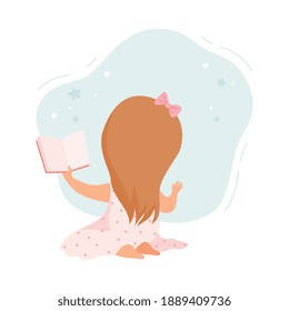 Back View of Little Girl Reading Book, Cute Kid Sitting on Floor with Book, Literature Fan, Education and Imagination Concept Cartoon Style Vector Illustration