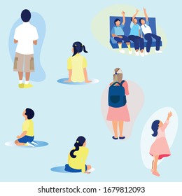 Back View Little Male And Female Kids Looking Ahead Flat Cartoon Vector Illustration. Children Sitting Or Standing, Girl Raising Hand Up, Group Boys Sitting On Bench Looking Up And Pointing Upwards.