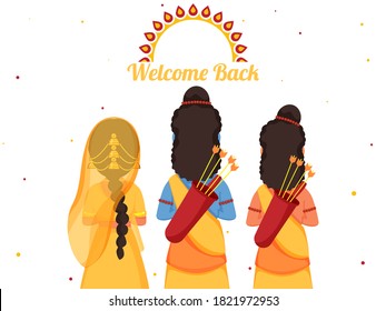 Back View of Lord Rama with His Wife Sita and Brother Laxman on White Background for Welcome Back.