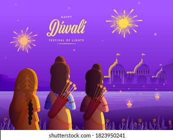 Back View of Lord Rama with His Wife Sita and Brother Laxman on Decorative Ayodhya Background for Happy Diwali Celebration.