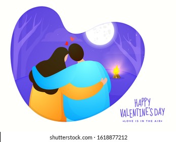 Back View of Lovely Couple Hugging with Bonfire on Full Moon Abstract Purple Background for Happy Valentine's Day, Love is in the air concept.