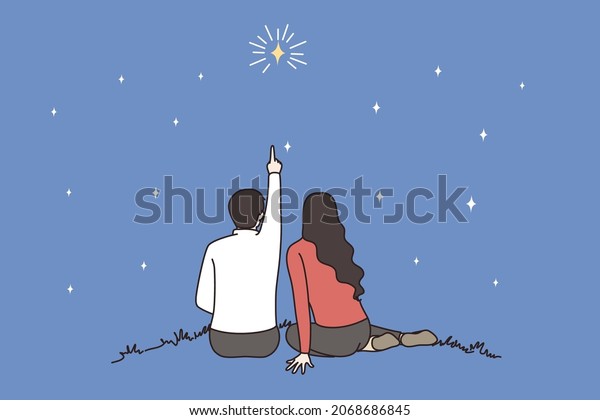 Back view of lover couple sit outdoor count stars on
romantic evening together. Man and woman look in dark night sky,
enjoy romance on date. Love and relationship concept. Vector
illustration. 