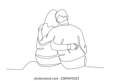 Back view of lovers hugging each other. National hugging day one-line drawing