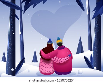 Vista posterior del personaje de una pareja amorosa sentado sobre el fondo de la vista de la naturaleza de la nieve. Se puede usar como diseño de pancartas o carteles.