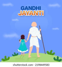 Back View Of Mahatma Gandhi (Bapu) With Girl Character On Blue And Green Background For Gandhi Jayanti Concept.