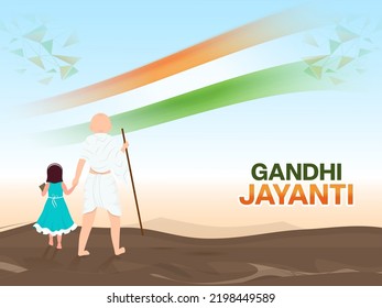Back View Of Mahatma Gandhi (Bapu) With Little Girl, Tricolor Ribbon On Blue And Brown Background For Gandhi Jayanti Concept.