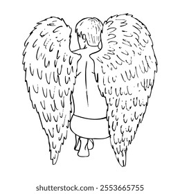 back view of male angel sitting on knee - hand drawn sketch art. angel oath, kneeling angel, angel descended to earth