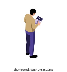 Back view of male drone operator with joystick 3d isometric vector illustration