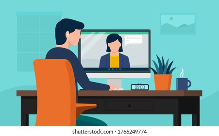 Back view of male employe interview  talk on video call, vector illustration