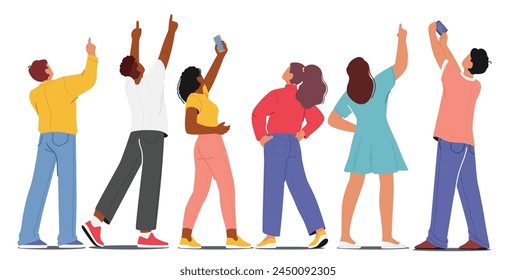 Back View of Male and Female Characters Stand In Various Poses, Their Fingers Extended Upwards, Directing Attention and Photographing Something Unseen Yet Captivating Above. Vector Illustration