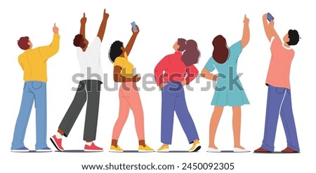 Back View of Male and Female Characters Stand In Various Poses, Their Fingers Extended Upwards, Directing Attention and Photographing Something Unseen Yet Captivating Above. Vector Illustration