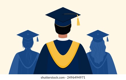 Back View of male student and silhouettes of graduates. Graduation persons wearing a cap and gown. College or university ceremony.