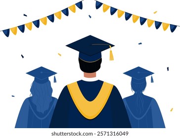 Back View of male student and silhouettes of graduates. Graduates wearing a cap and gown, garland of flags and confetti. College or university ceremony.