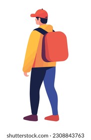 back view man with backpack icon isolated