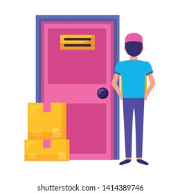 back view man with boxes fast delivery vector illustration