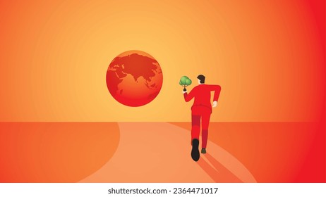 A back view of a man brings a tree to the red earth. Environmental concern, plant a tree, Net zero carbon footprint emission, Sustainability, Global heating, Climate emergency, and crisis concept