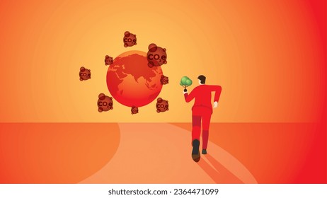 Back view of a man brings a tree to the red earth with CO2e gas. Environmental, plant a tree, Net zero carbon footprint emission, Sustainability, Global heating, Climate emergency, and crisis concept.