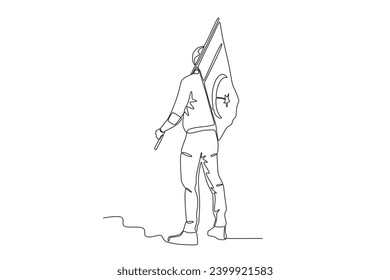 Back view of a man carrying a flag. Pakistan Day one-line drawing