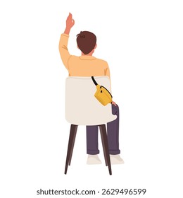 Back view of man cartoon character with raised hand sitting on chair waiting to ask question or answer isolated on white background. Male participant of conference or lecture vector illustration