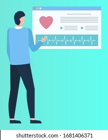 Back view of man character standing near cardiogram board, graph or heartbeat symbol, screen with pulse. Cardiology analysis, assistent or doctor vector