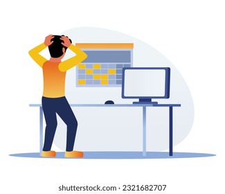 Back view of man clutches his head and looks at work schedule. Deadline concept. Character in office with a lot of work. People in hurry to finish tasks and nervous. Vector illustration