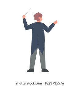 Back View of Man Conductor on Stage, Musician Directing Classic Instrumental Symphony Orchestra Flat Style Vector Illustration