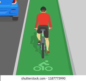 Back view of man cycling on bike path. Bicycle sign and bike rider. Flat vector illustration.