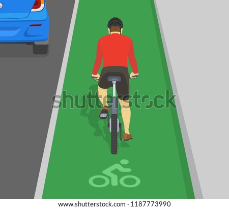 Back view of man cycling on bike path. Bicycle sign and bike rider. Flat vector illustration.