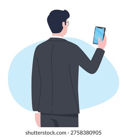 Back view of a man in a dark suit holding a smartphone with a blue screen against a light blue abstract background. The scene is clean and minimal with soft colors and simple shapes.