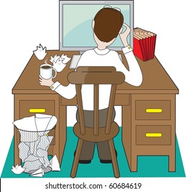 Back view of a man at a desk dealing with problems
