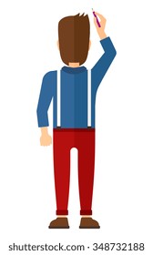 Back view of man drawing on the wall vector flat design illustration isolated on white background. Vertical layout.