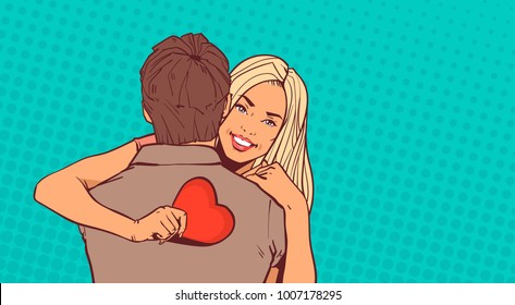 Back View Of Man Embracing Woman Hold Heart Shaped Greeting Card Valentine Day Poster Retro Pop Art Style Background Vector Illustration