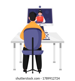 Back View Of Man Having Video Calling To Woman From Desktop At Table.