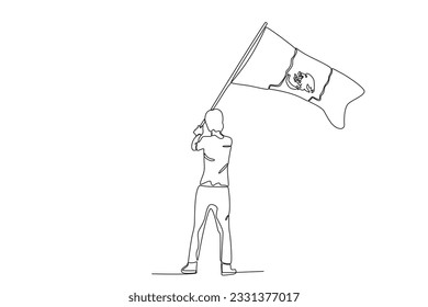 Back view of a man holding a Mexican flag. Independencia de Mexico one-line drawing