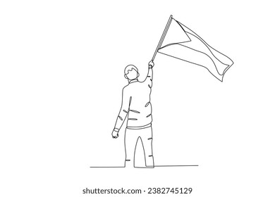 Back view of a man holding a Palestinian flag. Palestine one-line drawing