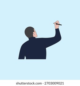 Vista posterior de un hombre que sostiene la pluma y la Ilustración vectorial de escritura. Dibujo de persona, toma notas con pluma