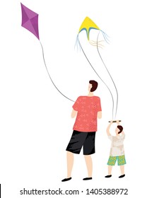 Back view of man and kid boy characters holding kites, dad and son playing with flying equipment, people and wind object on white, leisure element vector